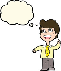 cartoon school boy raising hand with thought bubble