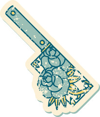 distressed sticker tattoo style icon of a cleaver and flowers