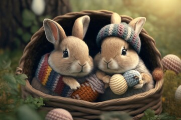 Cute Easter Bunnies in basket with wool hats