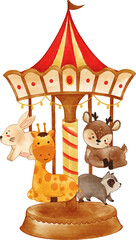 Theme park and merry go round with wildlife animals . Realistic watercolor paint with paper textured . Cartoon character design .