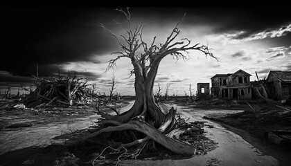 Black and White Illustration of Devastation Caused by Climate Change and Natural Disasters created with generative AI technology
