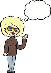 cartoon woman waving with thought bubble