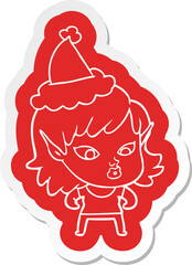 pretty cartoon  sticker of a elf girl wearing santa hat