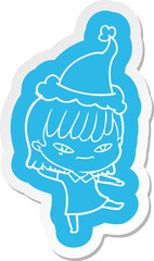 cartoon  sticker of a woman wearing santa hat