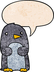 cartoon penguin and speech bubble in retro texture style