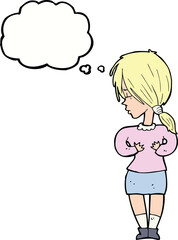 cartoon shy woman with thought bubble