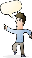 cartoon worried man pointing with speech bubble