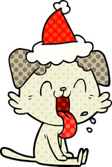 comic book style illustration of a panting dog wearing santa hat