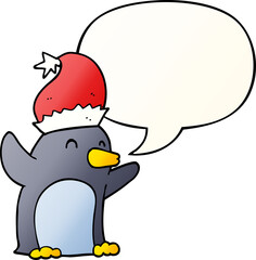 cute cartoon christmas penguin and speech bubble in smooth gradient style