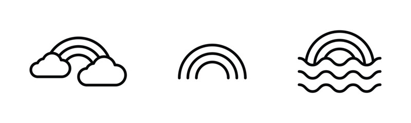 Obraz premium Rainbow icon set. Simple line rainbow. Rainbow over the clouds icons. Rainbow over sea water icon symbol, vector illustration