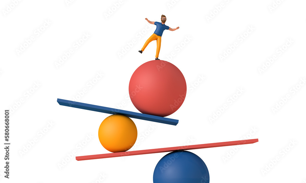 Fototapete a male character balancing on unstable shapes. 3d rendering