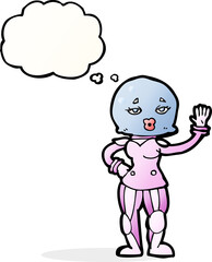 cartoon female astronaut with thought bubble