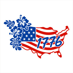 USA map 1776 as american flag with flowers. Celebration of 4th of July USA Independence Day vector tee shirt design. Designed in Stars and Stripes