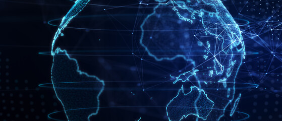 Blue futuristic background with planet Earth. Composition, representing the global, network connection, international meaning. Global social network. 3d illustration.