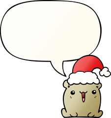 cute cartoon bear and christmas hat and speech bubble in smooth gradient style
