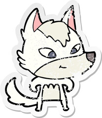 distressed sticker of a friendly cartoon wolf