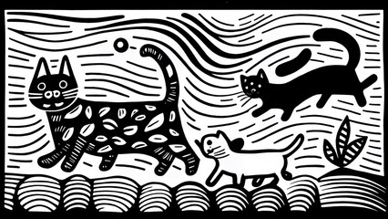 Fototapeta na wymiar black and white line drawing illustration in doodle art style of cats and dog
