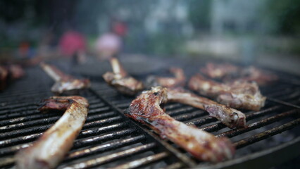 Meat on barbecue grill in slow motion. Close up cooking of food ribs on outdooe BBQ grill