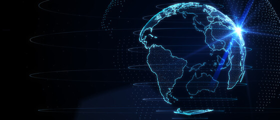Blue futuristic background with planet Earth. Composition, representing the global, network connection, international meaning. Global social network. 3d illustration.