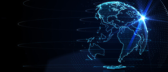 Blue futuristic background with planet Earth. Composition, representing the global, network connection, international meaning. Global social network. 3d illustration.