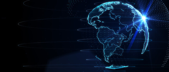 Blue futuristic background with planet Earth. Composition, representing the global, network connection, international meaning. Global social network. 3d illustration.