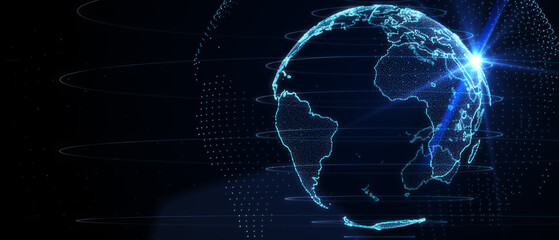 Blue futuristic background with planet Earth. Composition, representing the global, network connection, international meaning. Global social network. 3d illustration.