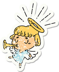 grunge sticker of tattoo style angel blowing trumpet