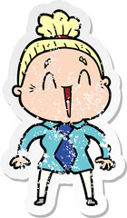 distressed sticker of a cartoon happy old lady