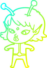 cold gradient line drawing pretty cartoon alien girl