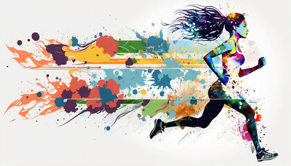 Fototapeta na wymiar Illustration of running athletics woman. Young girl participates in sports activities, athletics competitions. Advertising banner with copy space to display subtitles. Splash horizontal. Generative AI
