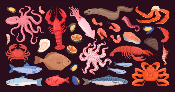 Cartoon sea food. Raw ocean fish, octopus, lobster, oyster, crab, crayfish and shellfish. Delicious ocean seafood flat vector illustration set