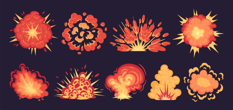 Fire burning clouds. Cartoon danger bomb explosions. Dynamite detonation with fire and smoke clouds vector illustrations set