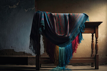 old wooden table in front of a wall, big colorful cloth lying on it
