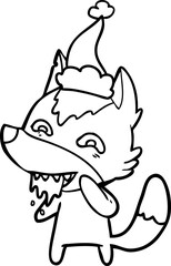line drawing of a hungry wolf wearing santa hat