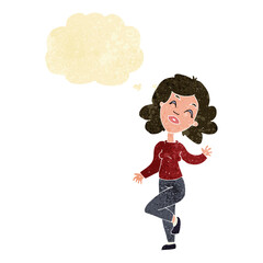 cartoon happy woman dancing with thought bubble