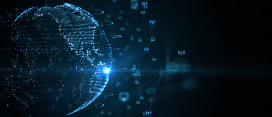 Blue futuristic background with planet Earth. Composition, representing the global, network connection, international meaning. Global social network. 3d illustration.