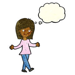 cartoon woman with no worries with thought bubble