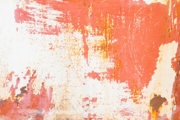 The Red grainy rust texture on white metallic background with space for design. panoramic image of a metal wall with cracks, scratches and stained.