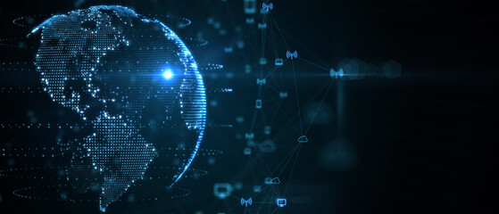 Blue futuristic background with planet Earth. Composition, representing the global, network connection, international meaning. Global social network. 3d illustration.
