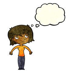 cartoon woman shrugging with thought bubble