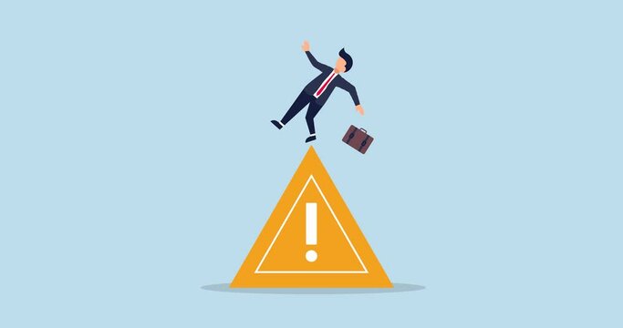 4k Mistake caution animation, business risk or problem warning, cautious businessman slip falling on exclamation symbol beware, careful caution sign.
