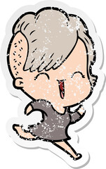 distressed sticker of a cartoon happy hipster girl
