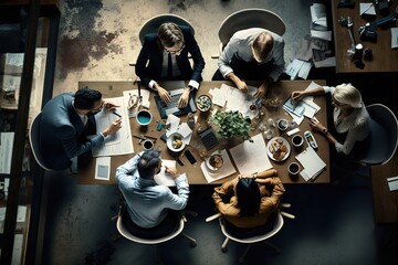 Fototapeta premium From the above of a group of diverse colleagues in formal clothing discussing business ideas while gathering at table in a modern office and working together, AI genertaed