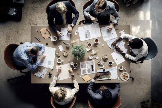 From the above of a group of diverse colleagues in formal clothing discussing business ideas while gathering at table in a modern office and working together, AI genertaed