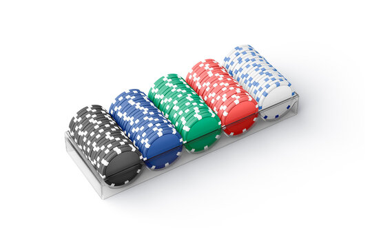 Blank colored plastic round chip stack in tray mockup, isolated