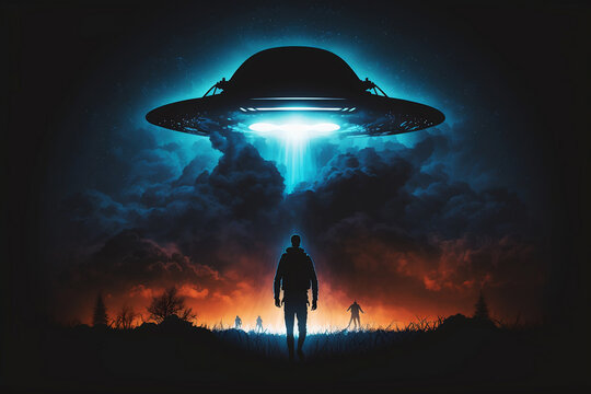 Flying saucer flies at night in sky over silhouette of man standing in field. Invasion of extraterrestrial intelligence on an intergalactic ship. Alien abduction. Generative AI.