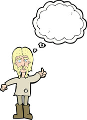 cartoon hippie man giving thumbs up symbol with thought bubble