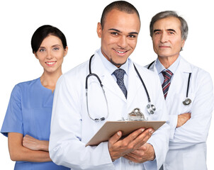 Confident medical team standing in uniform isolated on white
