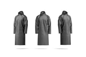 Blank black protective raincoat mockup, front and side view - obrazy, fototapety, plakaty