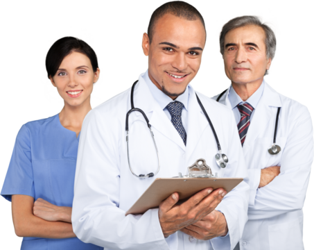 Confident medical team standing in uniform isolated on white